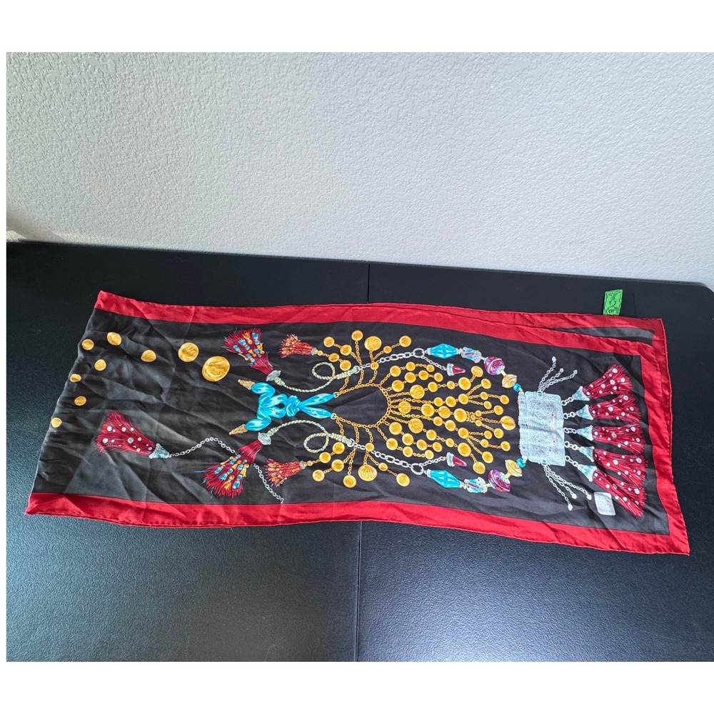 CHI‎ by Falchi 100% Silk Scarf Black Red Gold Coin Tassel Coin Print Oblong